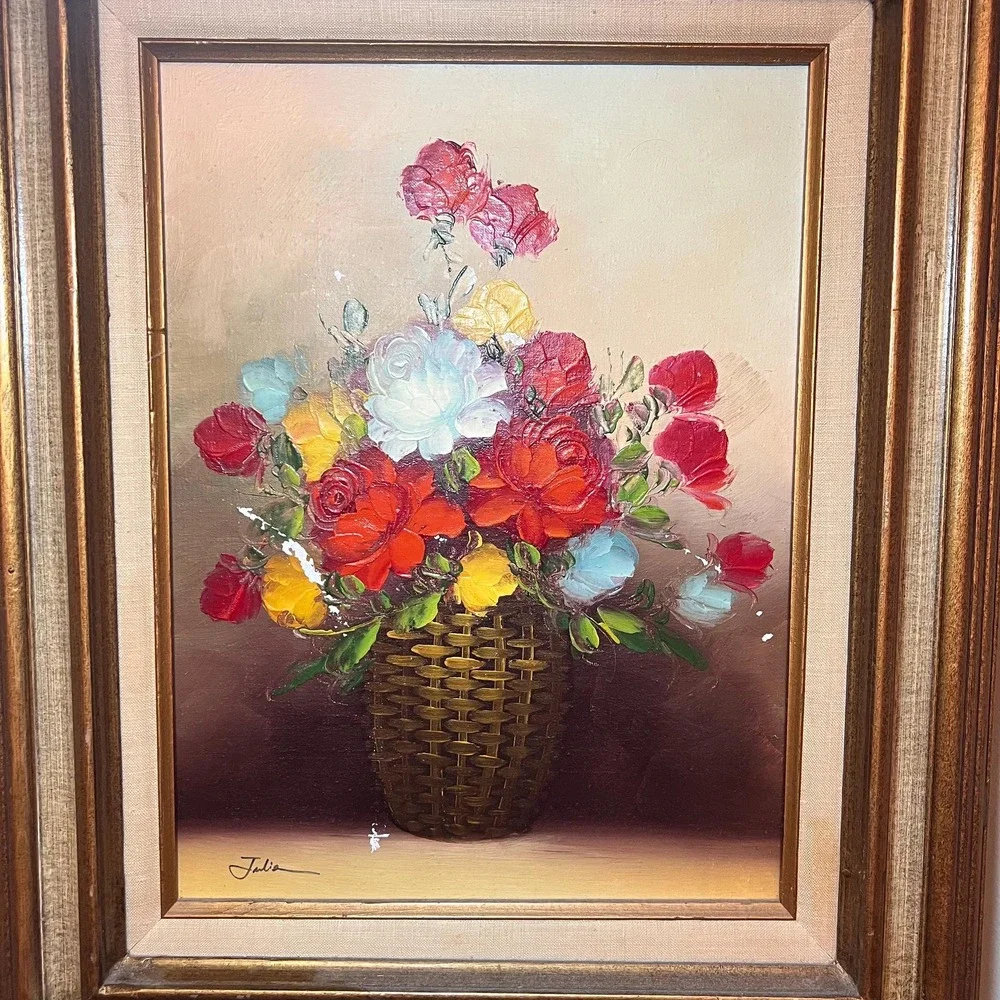 Vtg Signed Oil Painting Floral Still Life Basket Roses Gold Frame Cottagecore